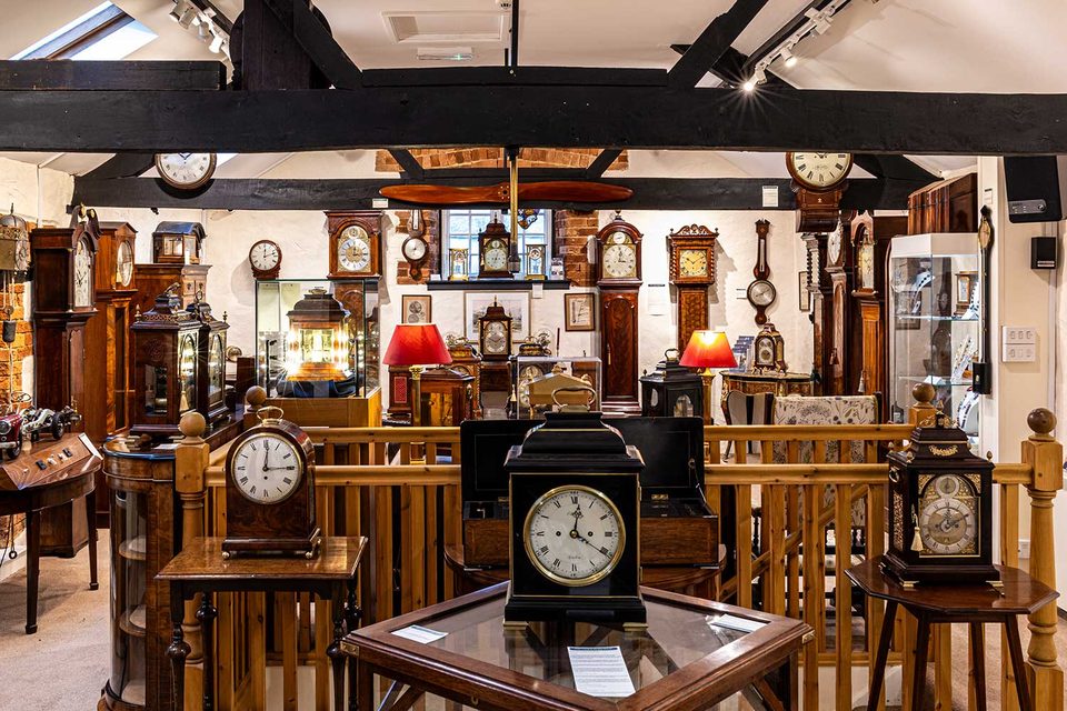 Collection of clocks at The Antique Clock company